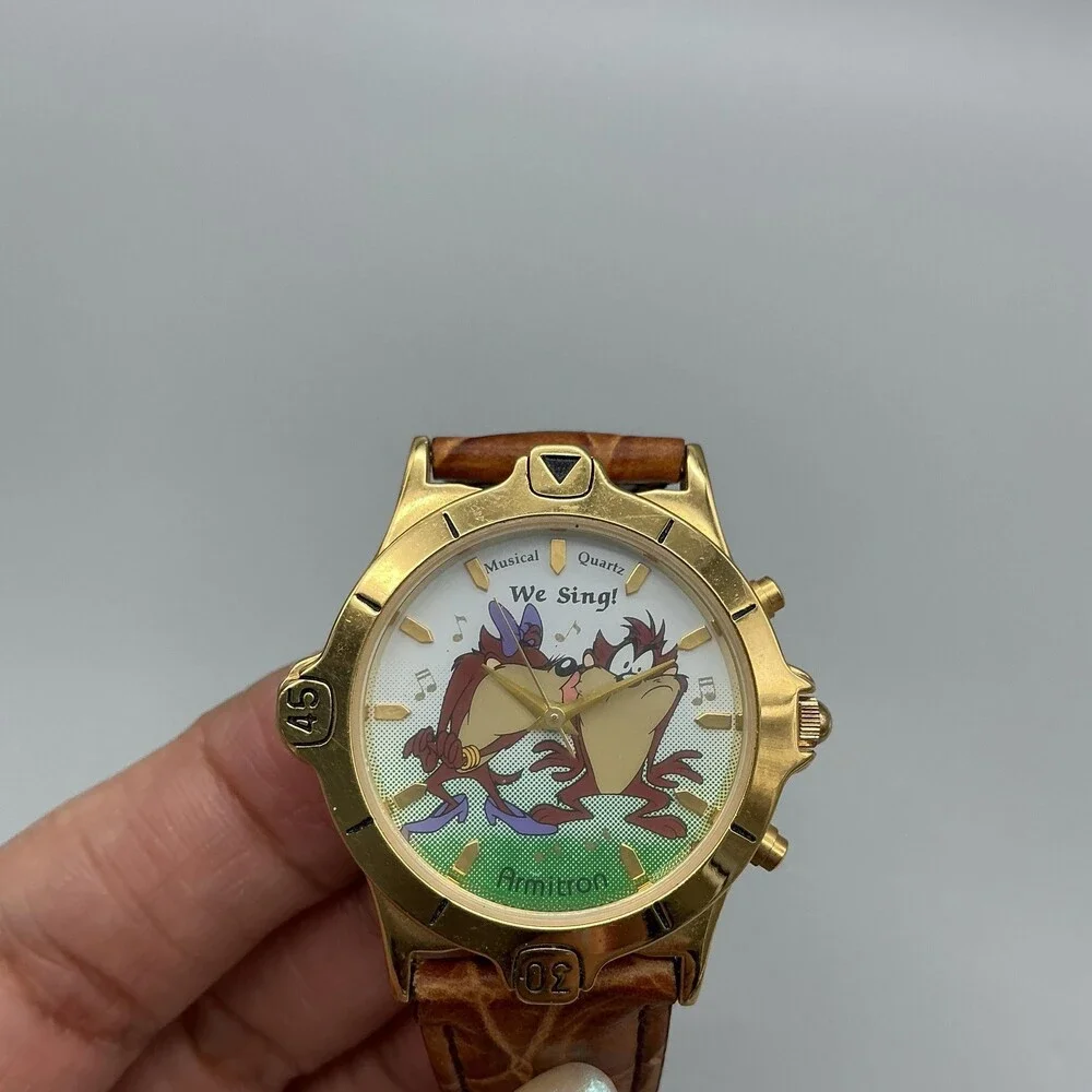 Vintage Armitron We Sing Mens Watch 36mm Taz Musical Dial Gold Tone New Battery